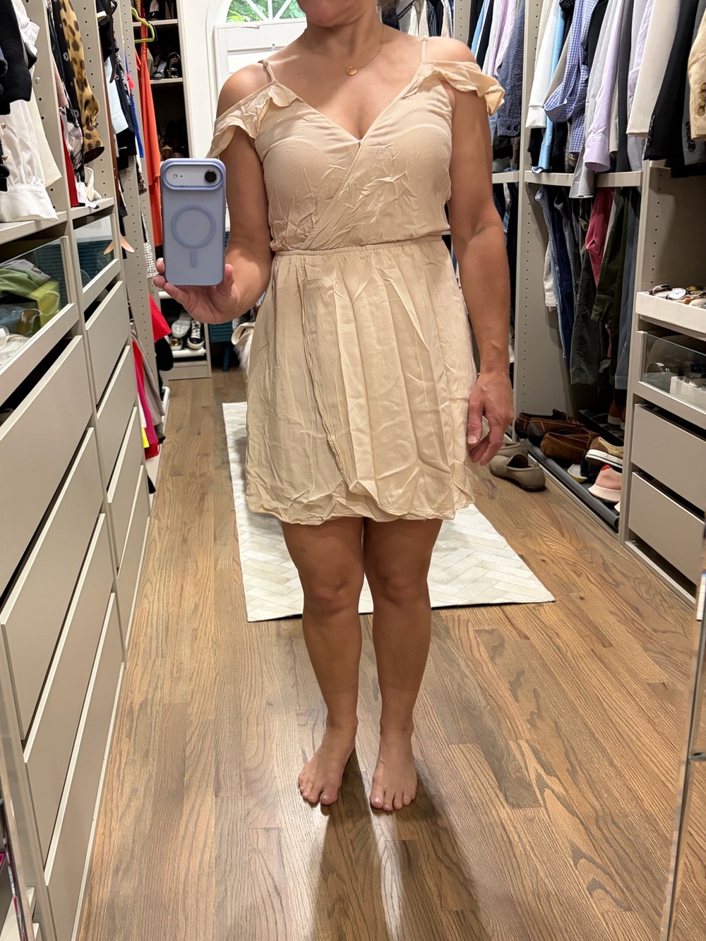 Beige Slip Dress with flutter sleeves